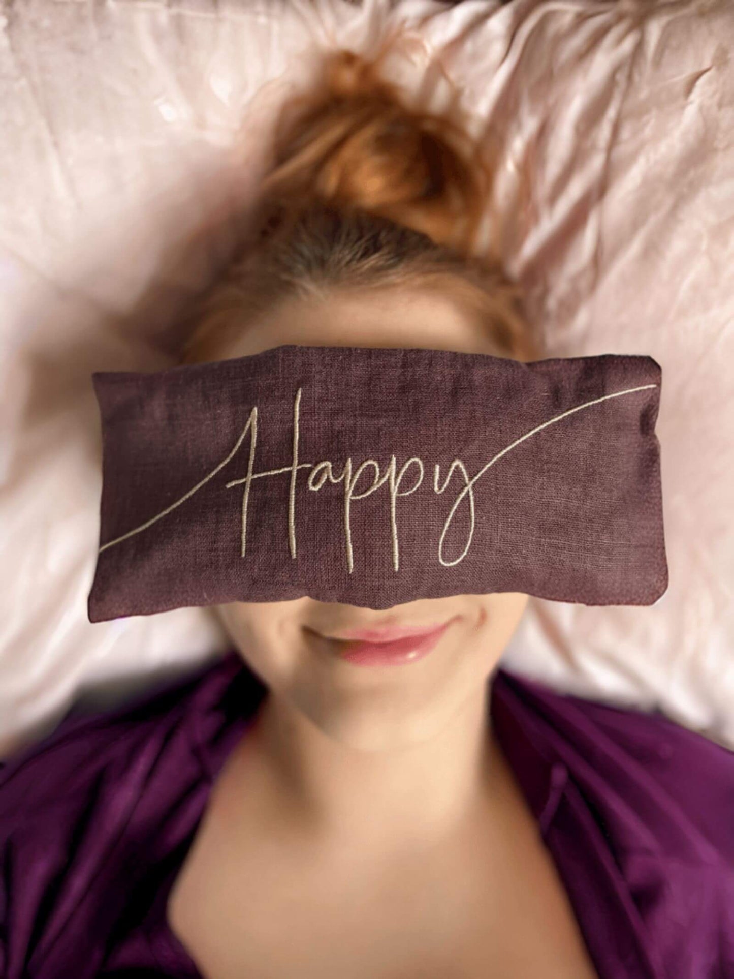 Happy Embroidered Linen and Lavender Eye Pillow
