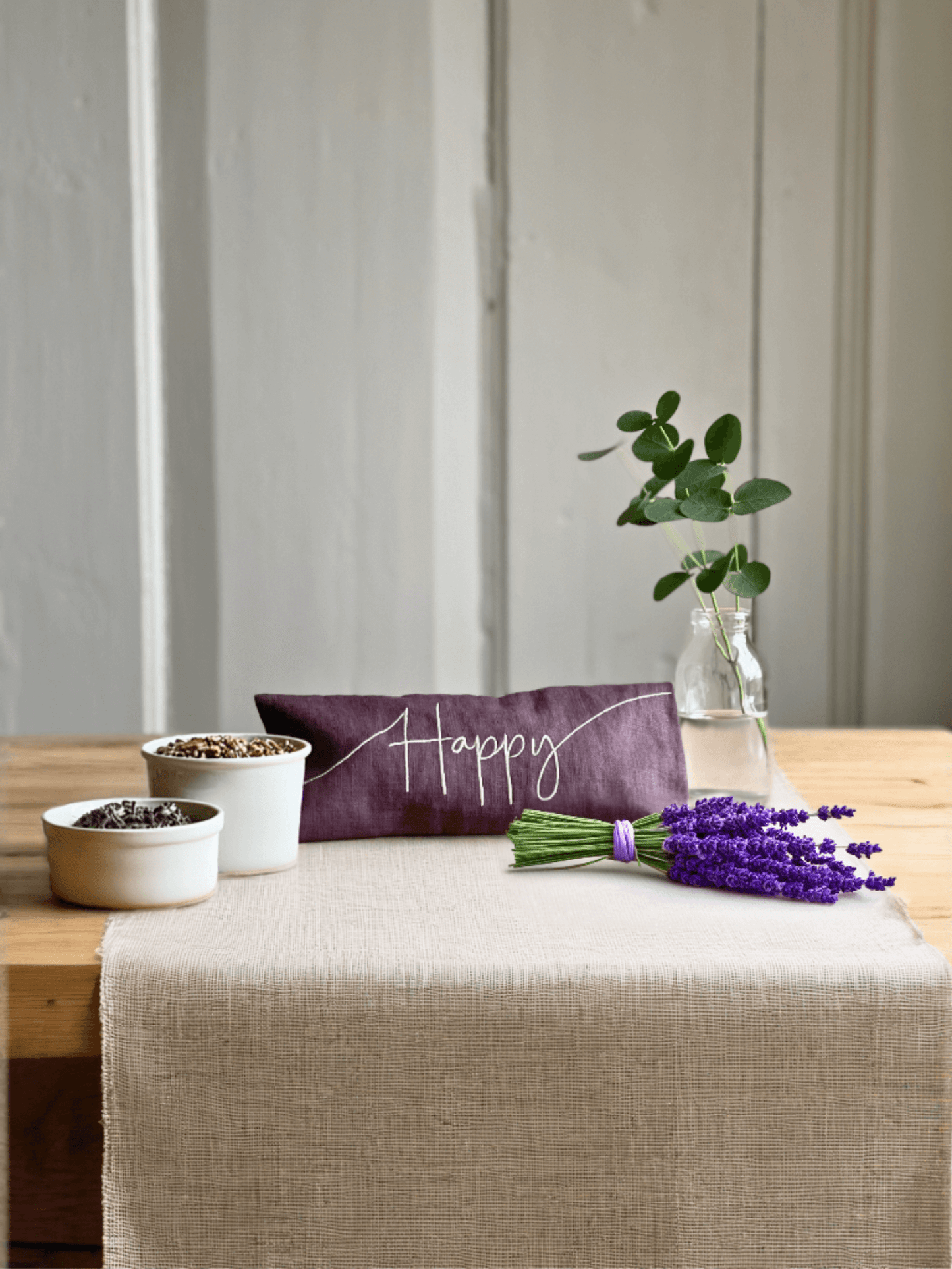 Happy Embroidered Linen and Lavender Eye Pillow