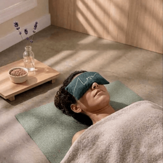 A person lying on a green yoga mat under a light gray blanket, wearing an anthracite green eye pillow embroidered with the word Love The scene is set in a warm, sunlit room with a wooden tray holding lavender and a small bowl on the floor.