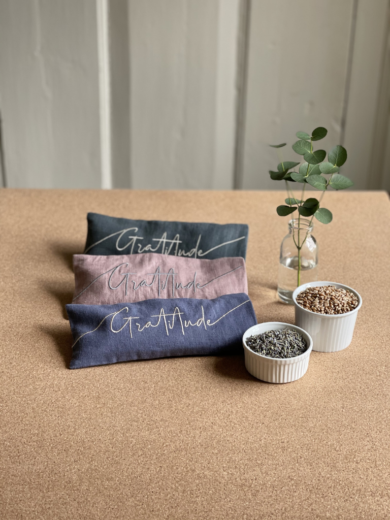 Gratitude Embroidered Linen and Lavender Eye Pillow