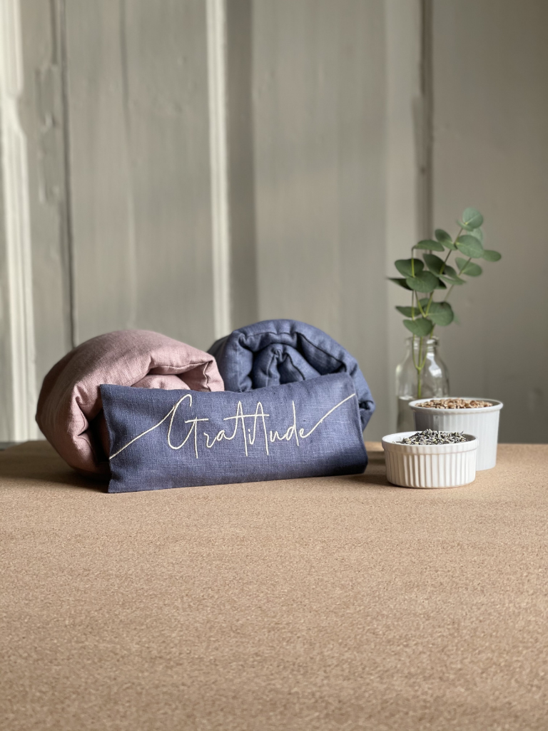 Gratitude Embroidered Linen and Lavender Eye Pillow