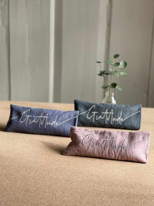 Gratitude Embroidered Linen and Lavender Eye Pillow